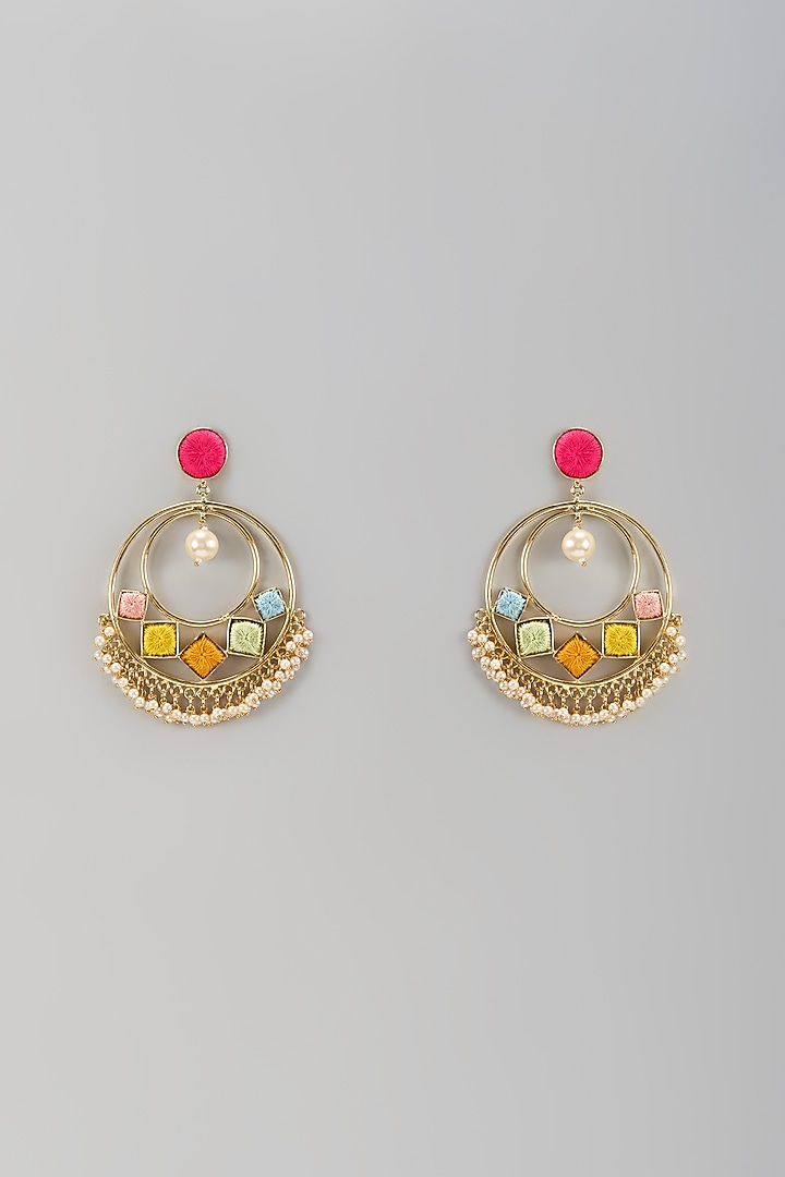 Matte Gold Finish Silk Thread Embroidered Chandbali Earrings by Bauble Bazaar at Pernia's Pop Up Shop