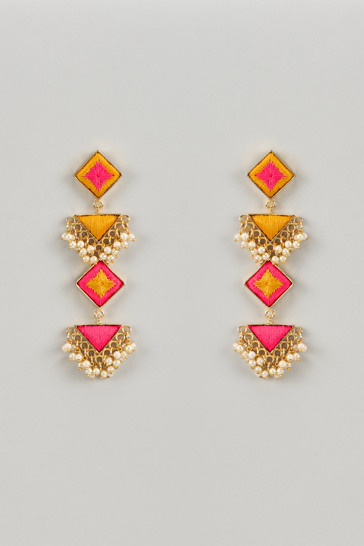 Matte Gold Finish Multi-Colored Embroidered & Pearl Hanging Dangler Earrings by Bauble Bazaar at Pernia's Pop Up Shop