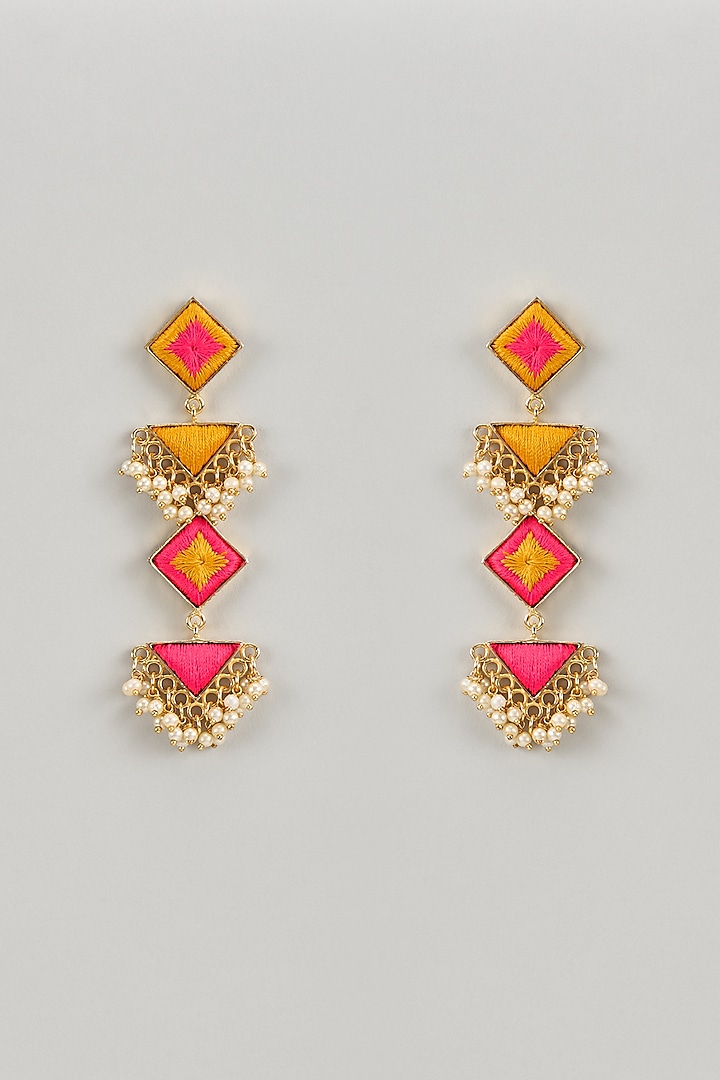 Matte Gold Finish Multi-Colored Embroidered & Pearl Hanging Dangler Earrings by Bauble Bazaar at Pernia's Pop Up Shop