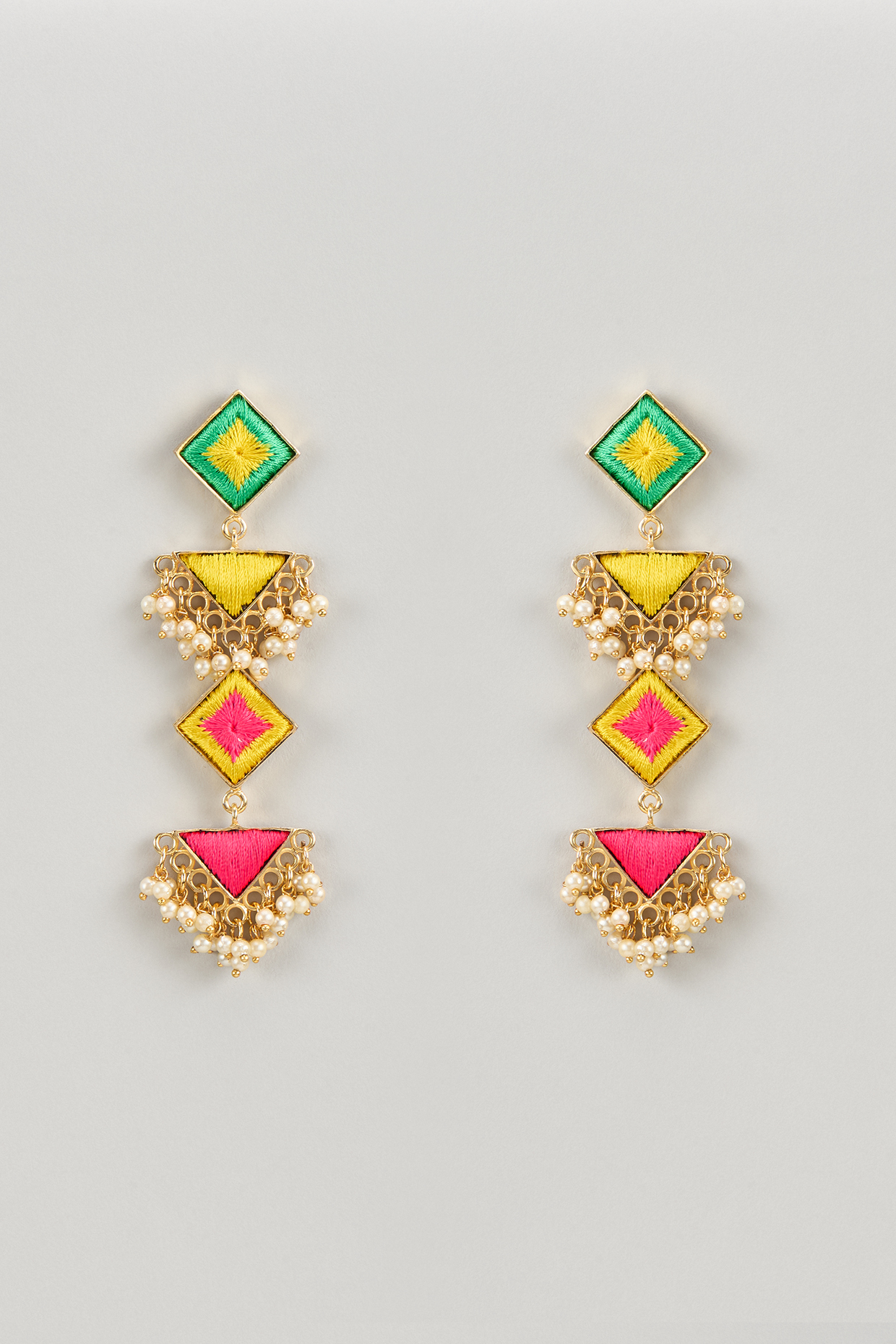 Matte Gold Finish Multi-Colored Embroidered & Pearl Hanging Dangler Earrings by Bauble Bazaar at Pernia's Pop Up Shop