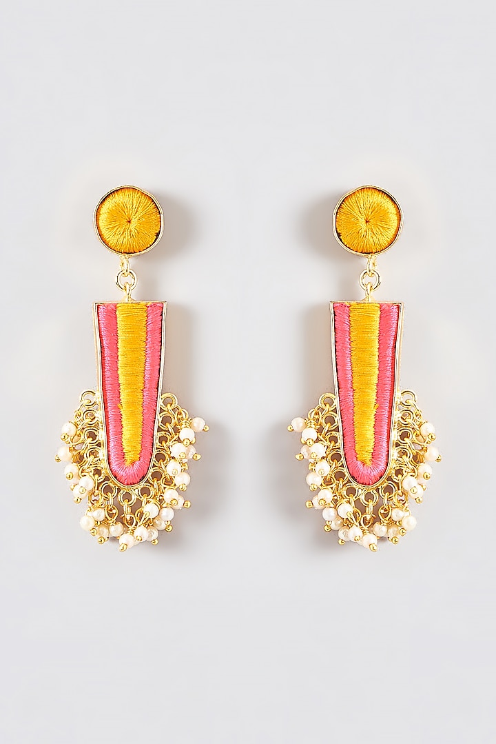 Gold Finish Silk Thread Embroidered Dangler Earrings by Bauble Bazaar at Pernia's Pop Up Shop