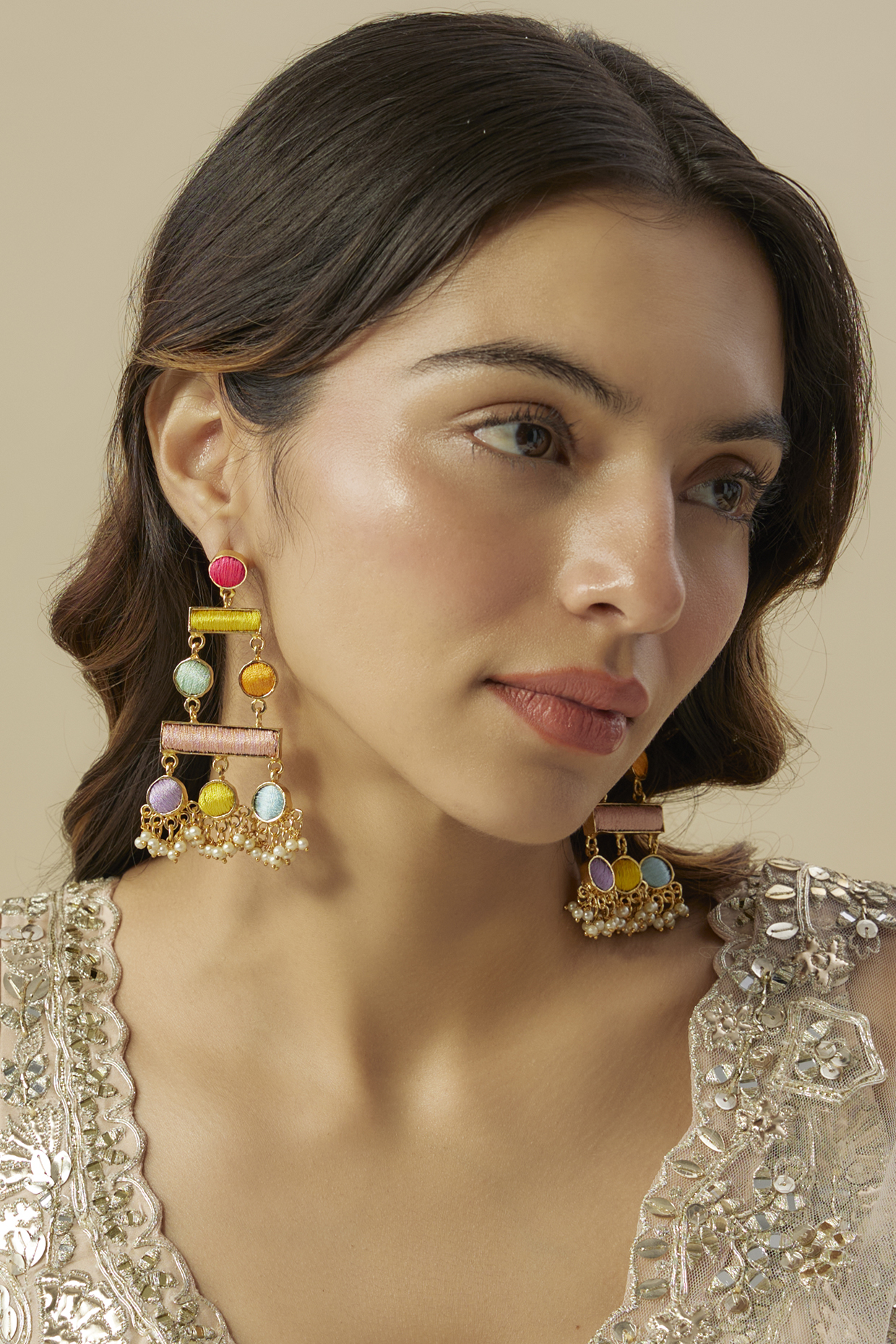Matte Gold Finish Silk Thread Embellished Dangler Earrings by Bauble Bazaar at Pernia's Pop Up Shop
