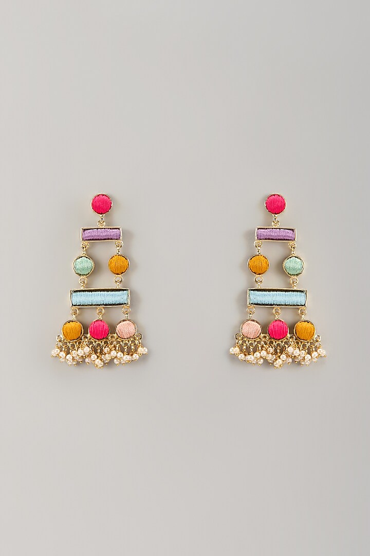 Matte Gold Finish Thread Embroidered Dangler Earrings by Bauble Bazaar at Pernia's Pop Up Shop