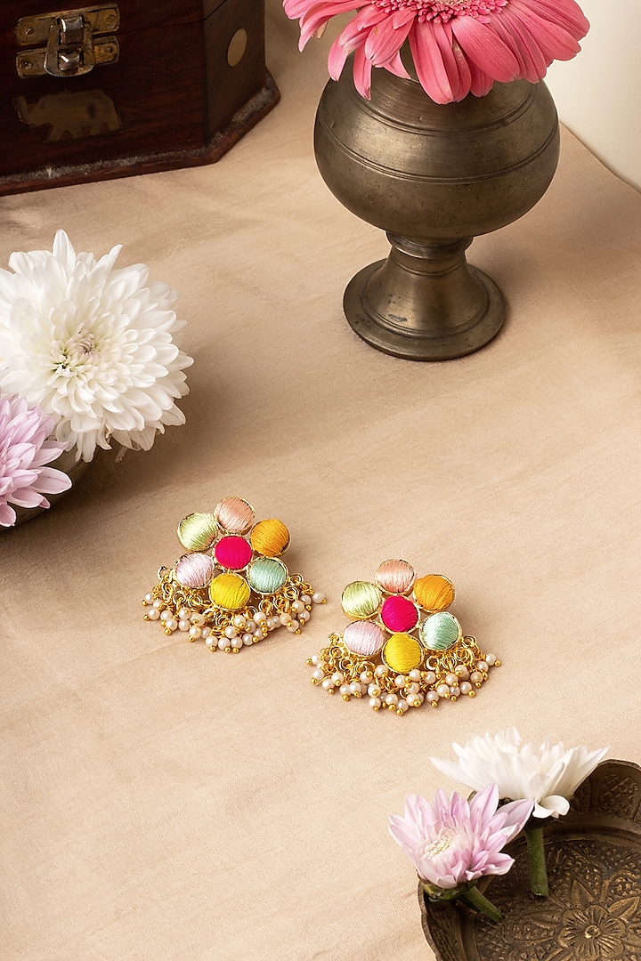 Matte Gold Finish Multi-Colored Embroidered & Pearl Stud Earrings by Bauble Bazaar at Pernia's Pop Up Shop