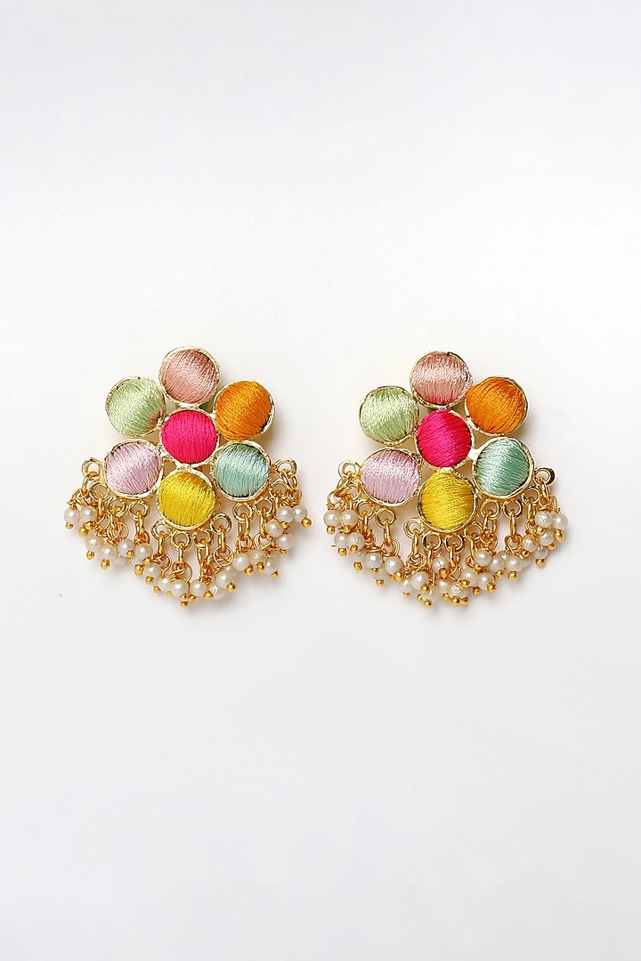 Matte Gold Finish Multi-Colored Embroidered & Pearl Stud Earrings by Bauble Bazaar at Pernia's Pop Up Shop