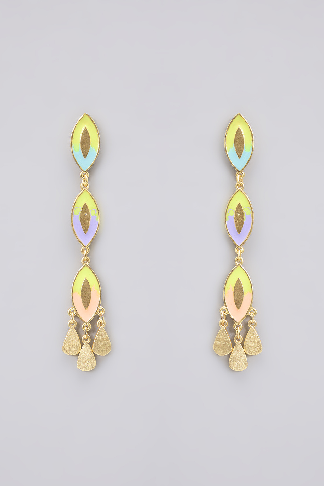 Gold Plated Pearl Embellished Multi-Colored Enameled Dangler Earrings by Bauble Bazaar at Pernia's Pop Up Shop