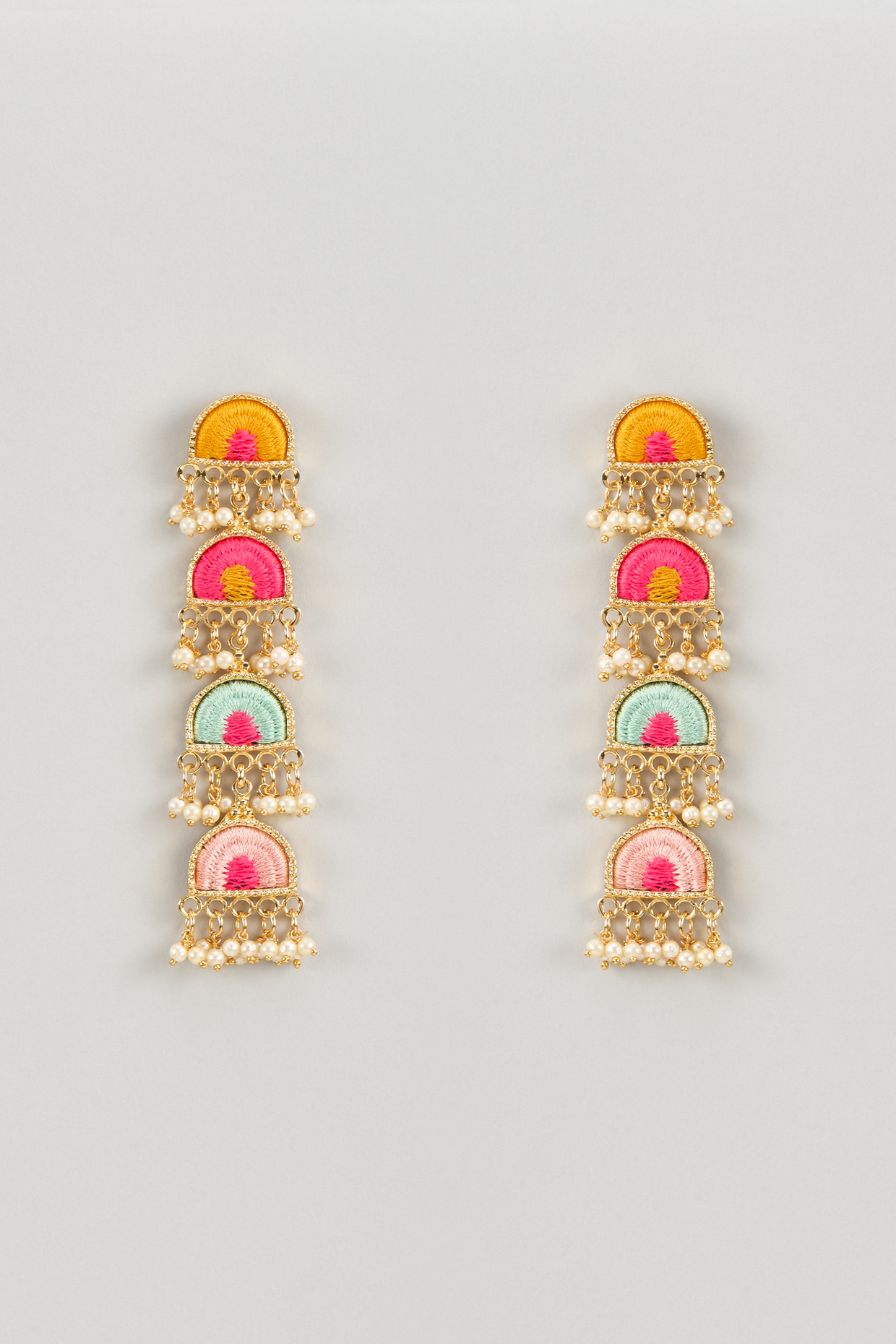 Matte Gold Finish Multi-Colored Embroidered & Pearl Hanging Semi-Circular Dangler Earrings by Bauble Bazaar at Pernia's Pop Up Shop