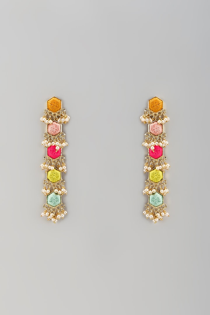 Matte Gold Finish Embroidered & Pearl Hanging Dangler Earrings by Bauble Bazaar at Pernia's Pop Up Shop