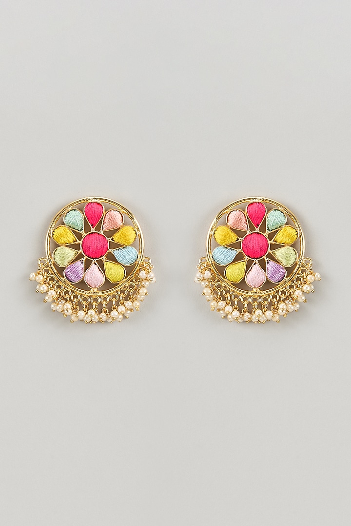 Matte Gold Finish Silk Thread & Pearl Embellished Stud Earrings by Bauble Bazaar at Pernia's Pop Up Shop