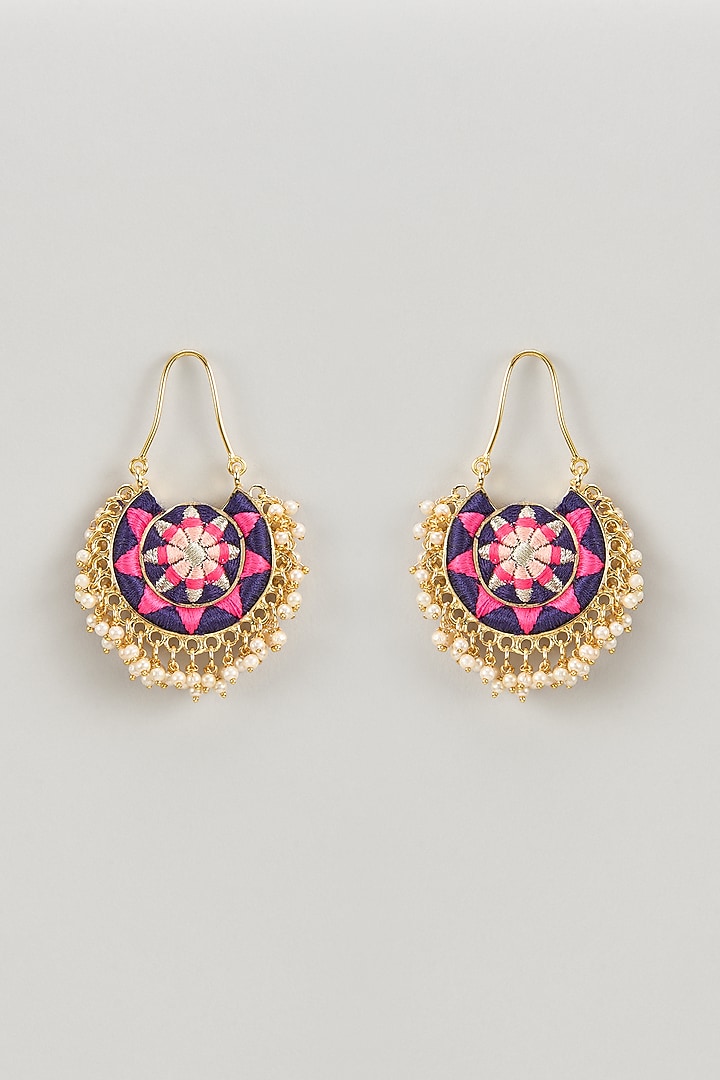 Matte Gold Finish Multi-Colored Zari Embroidered & Pearl Chandbali Earrings by Bauble Bazaar at Pernia's Pop Up Shop