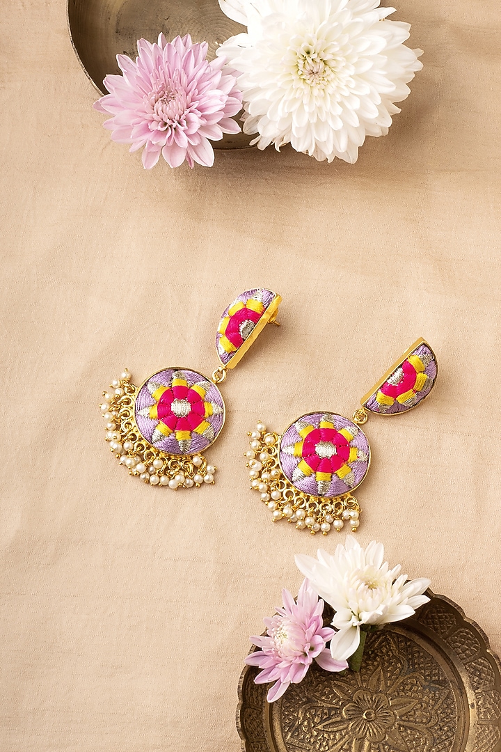 Matte Gold Finish Zari Embroidered & Pearl Tiered Crescent Dangler Earrings by Bauble Bazaar at Pernia's Pop Up Shop