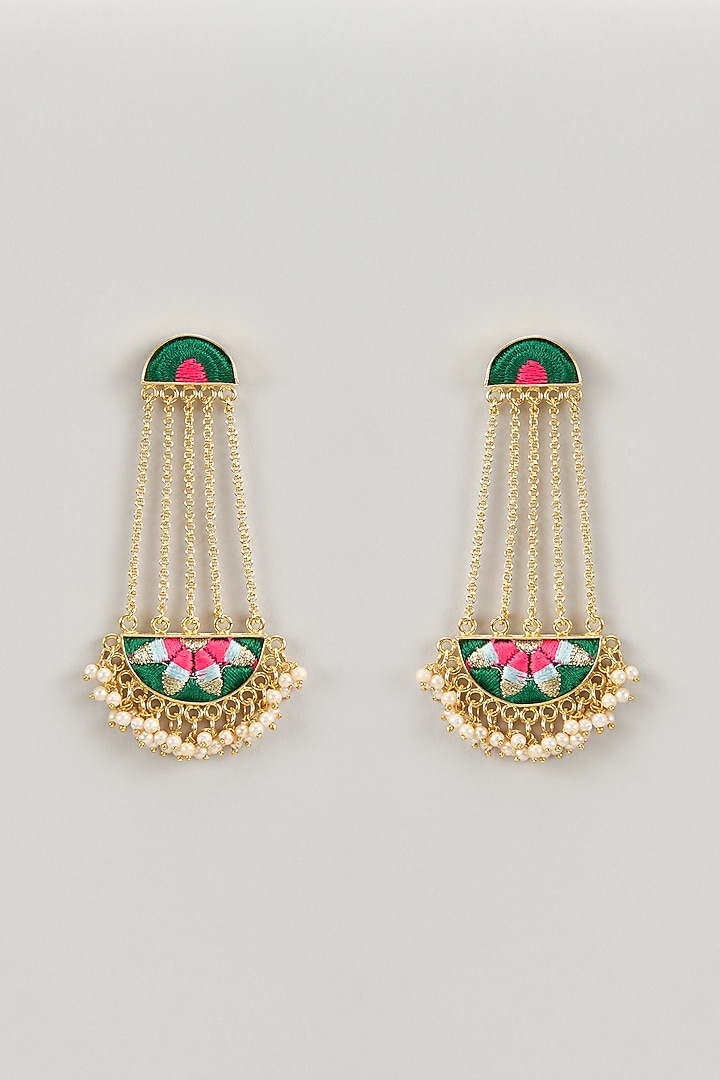 Matte Gold Finish Silk Thread & Pearl Embellished Semi-Circular Dangler Earrings by Bauble Bazaar at Pernia's Pop Up Shop