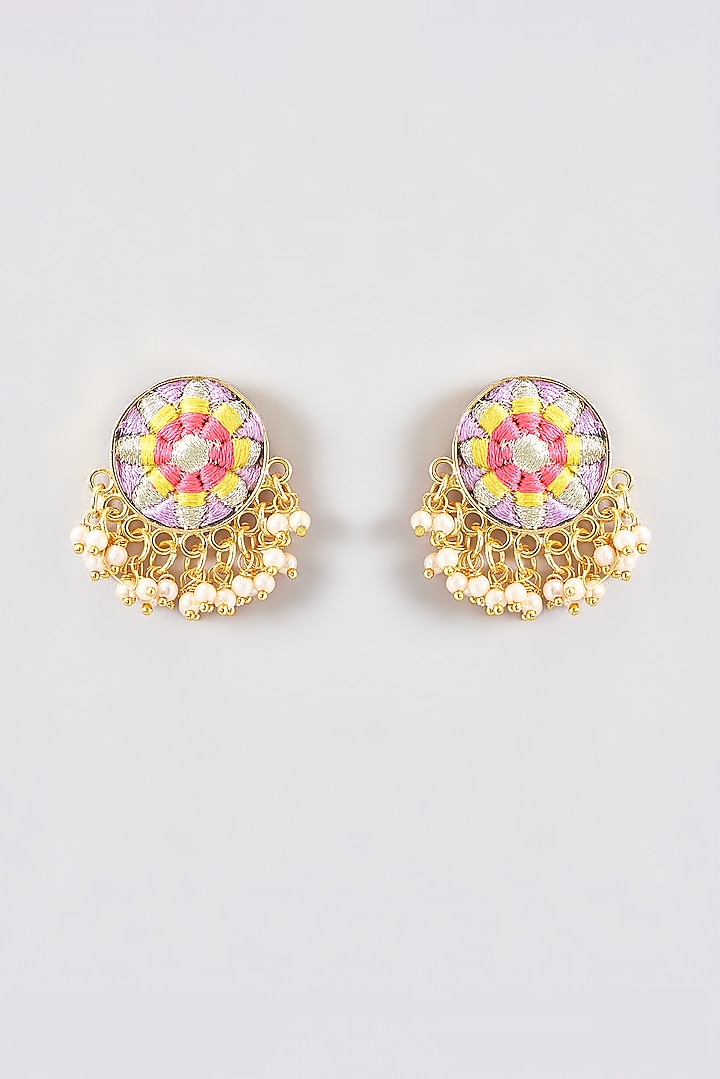 Gold Finish Silk Thread Embroidered Stud Earrings by Bauble Bazaar at Pernia's Pop Up Shop