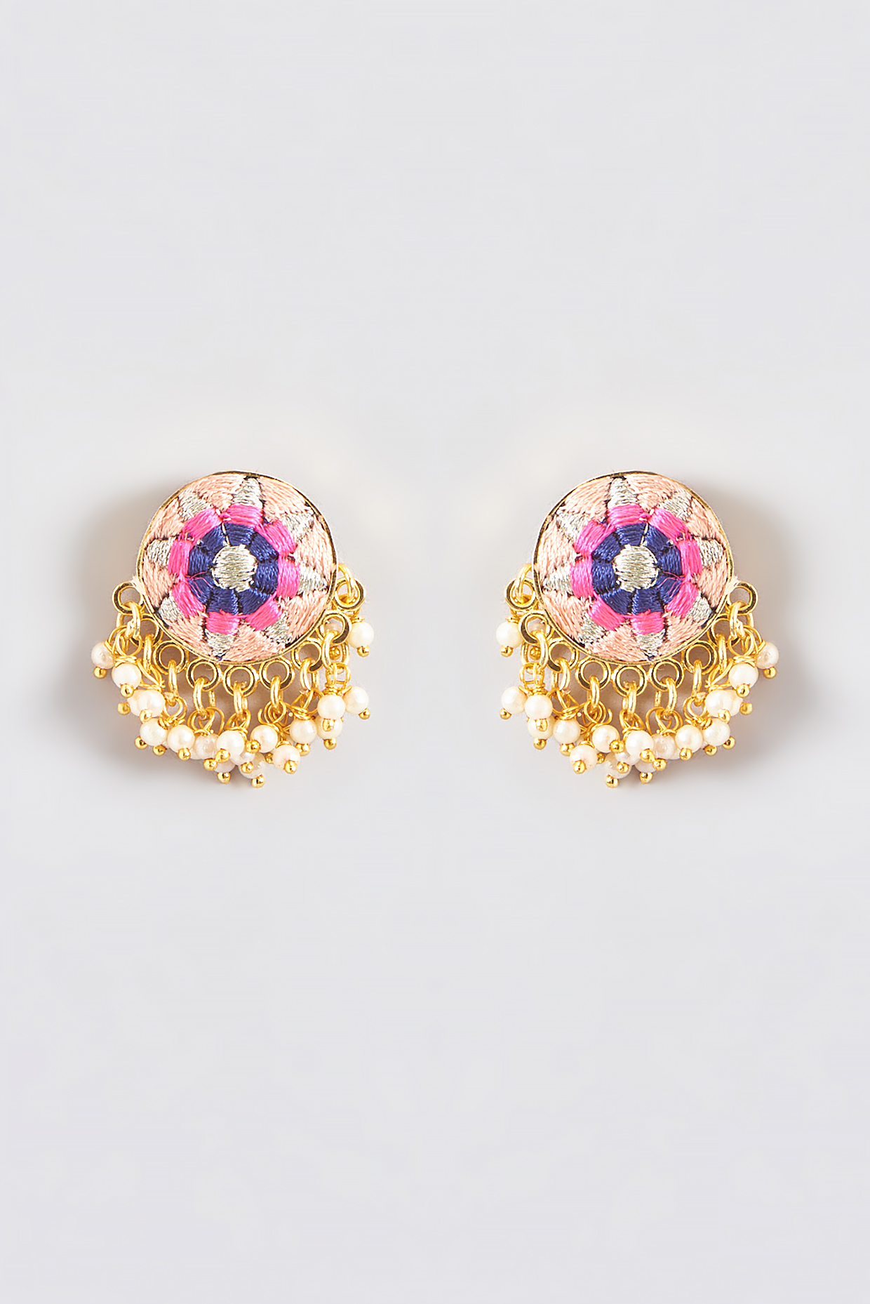 Gold Finish Silk Thread Embroidered Circle Stud Earrings by Bauble Bazaar at Pernia's Pop Up Shop