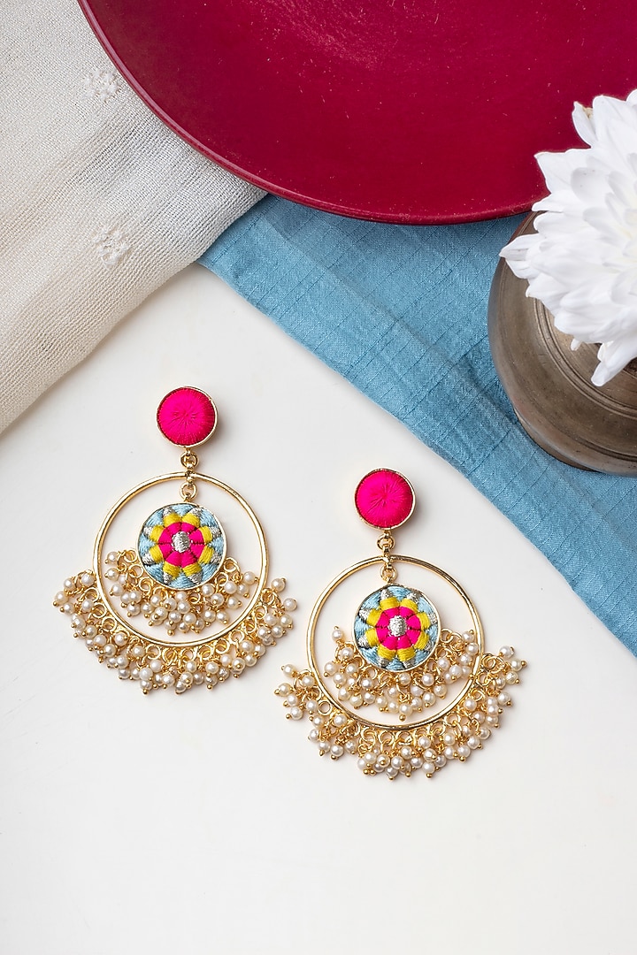 Matte Gold Finish Zari Embroidered & Pearl Tiered Circular Dangler Earrings by Bauble Bazaar at Pernia's Pop Up Shop