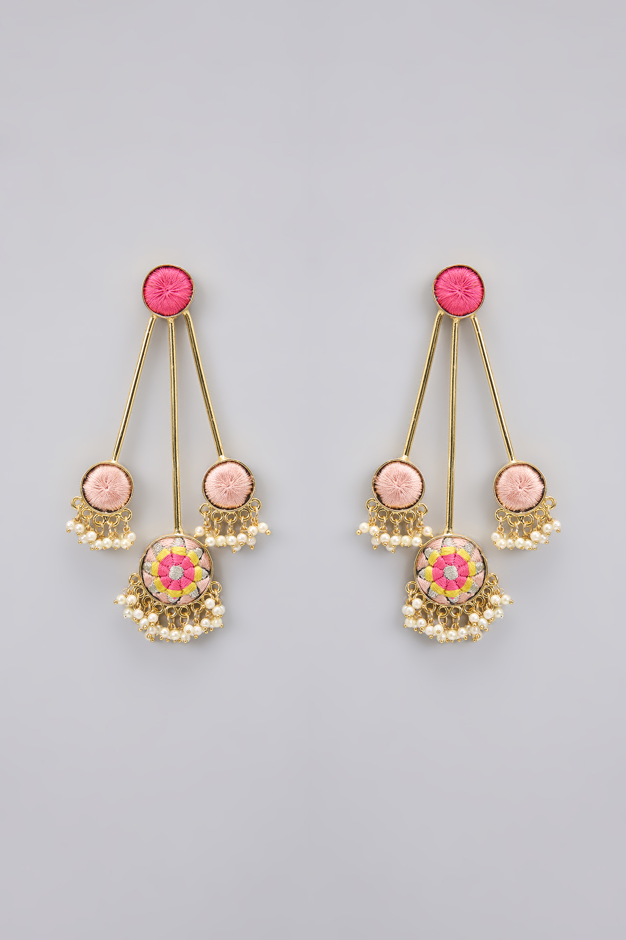 Gold Plated Hot Pink & Yellow Silk Thread Embellished Dangler Earrings by Bauble Bazaar at Pernia's Pop Up Shop