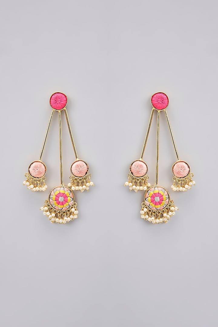 Gold Plated Hot Pink & Yellow Silk Thread Embellished Dangler Earrings by Bauble Bazaar at Pernia's Pop Up Shop