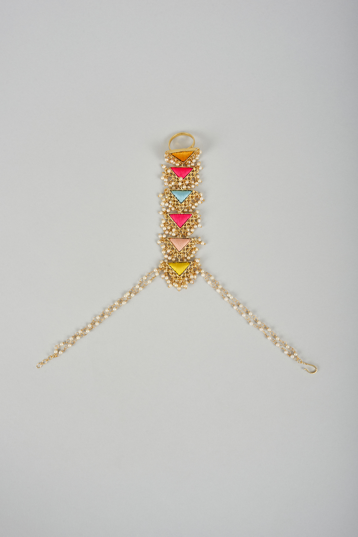 Matte Gold Finish Multi-Colored Embroidered Hand Harness by Bauble Bazaar at Pernia's Pop Up Shop
