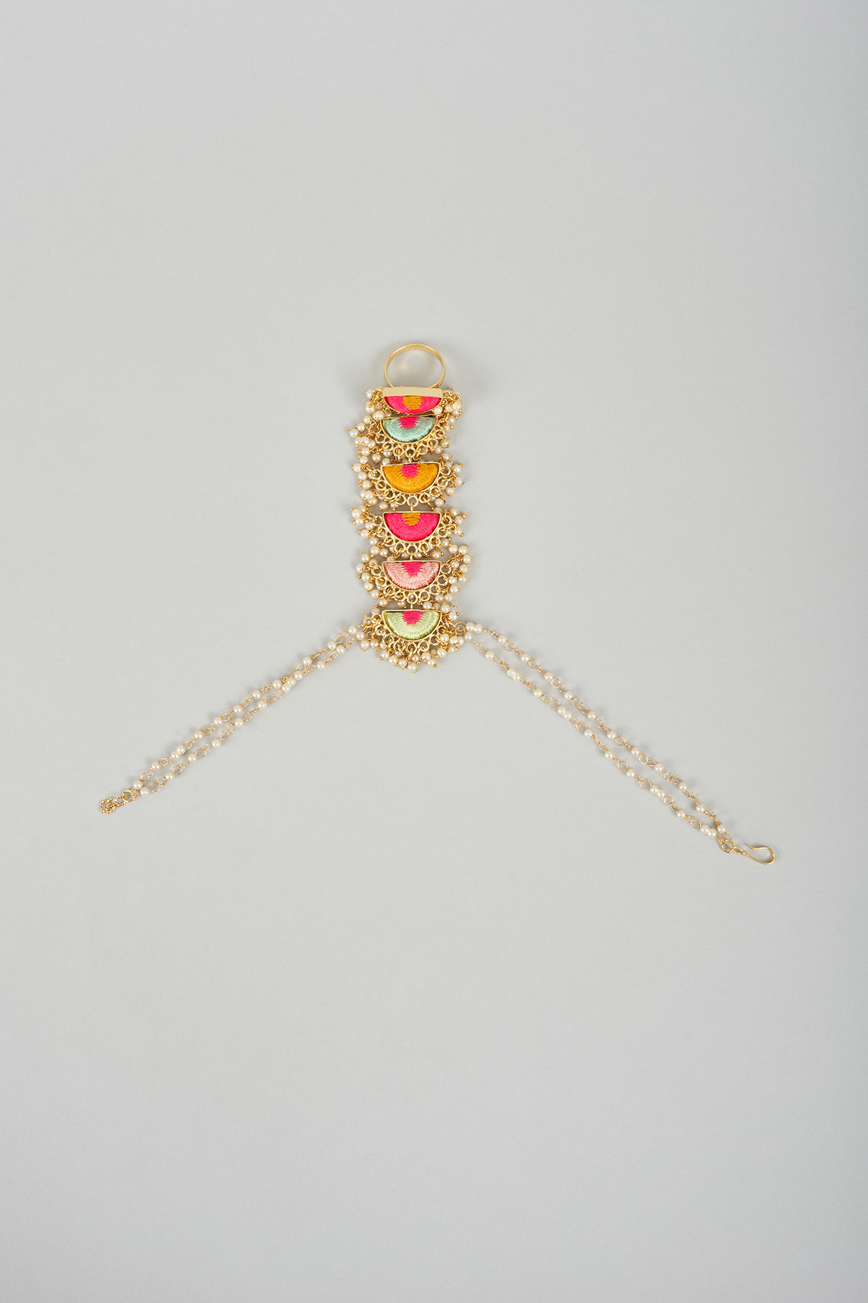Matte Gold Finish Multi-Colored Embroidered Hand Harness by Bauble Bazaar at Pernia's Pop Up Shop