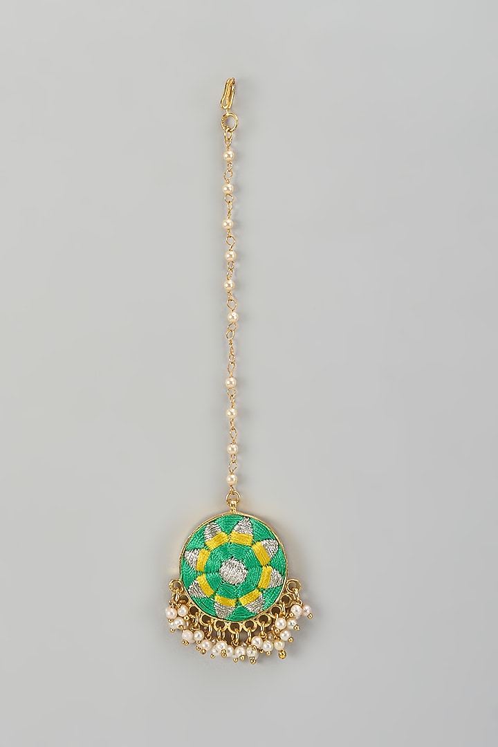Gold Finish Silk Thread & Pearl Embellished Maangtikka by Bauble Bazaar at Pernia's Pop Up Shop