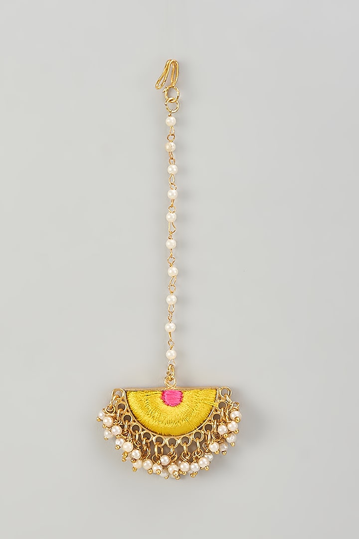 Gold Finish Silk Thread & Pearl Embellished Maangtikka by Bauble Bazaar at Pernia's Pop Up Shop