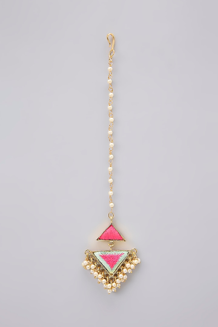 Gold Plated Sky Blue & Hot Pink Silk Thread Embellished Maangtikka by Bauble Bazaar at Pernia's Pop Up Shop