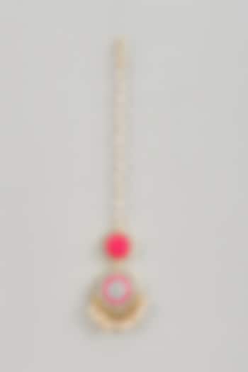 Matte Gold Finish Multi-Colored Embroidered & Pearl Maangtikka by Bauble Bazaar at Pernia's Pop Up Shop