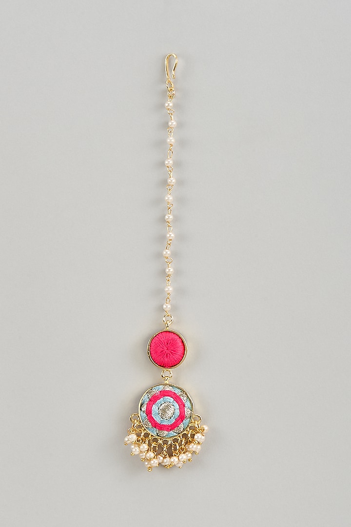 Matte Gold Finish Multi-Colored Embroidered & Pearl Maangtikka by Bauble Bazaar at Pernia's Pop Up Shop