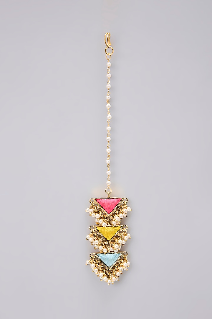 Gold Plated Pearl Bead & Multi-Colored Silk Embroidered Maangtikka by Bauble Bazaar at Pernia's Pop Up Shop