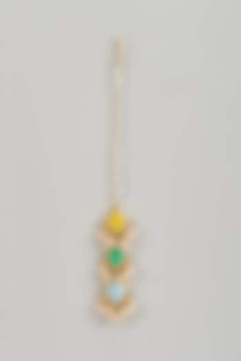 Matte Gold Finish Multi-Colored Embroidered & Pearl Layered Rhombus Maangtikka by Bauble Bazaar at Pernia's Pop Up Shop
