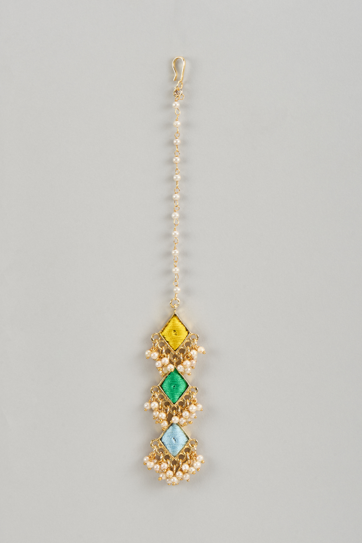 Matte Gold Finish Multi-Colored Embroidered & Pearl Layered Rhombus Maangtikka by Bauble Bazaar at Pernia's Pop Up Shop