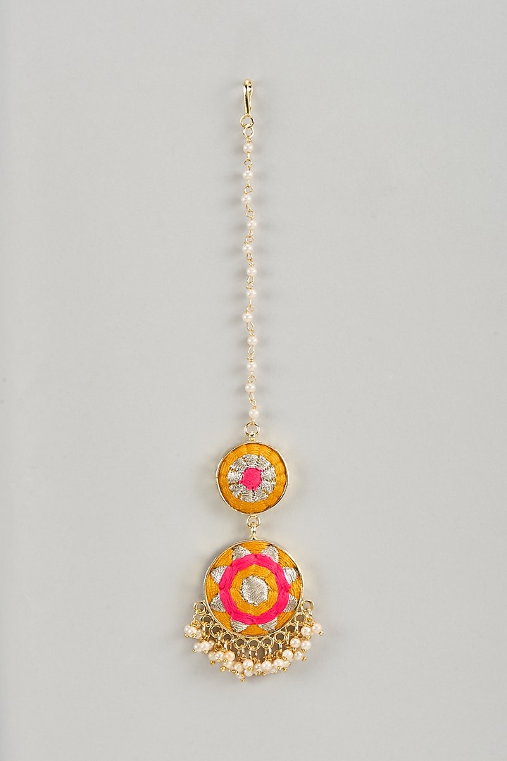 Matte Gold Finish Yellow & Hot Pink Embroidered Layered Necklace Set by Bauble Bazaar at Pernia's Pop Up Shop