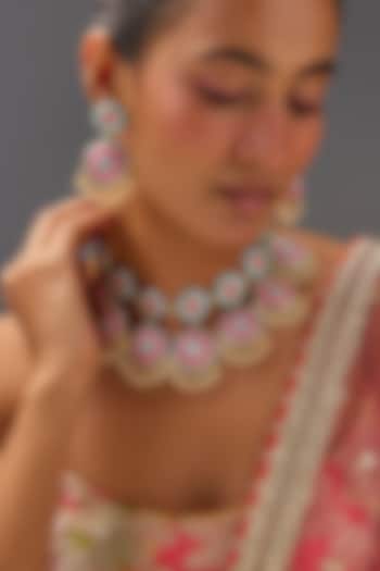 Matte Gold Finish Vanilla Blue & Pink Embellished Layered Necklace Set by Bauble Bazaar at Pernia's Pop Up Shop