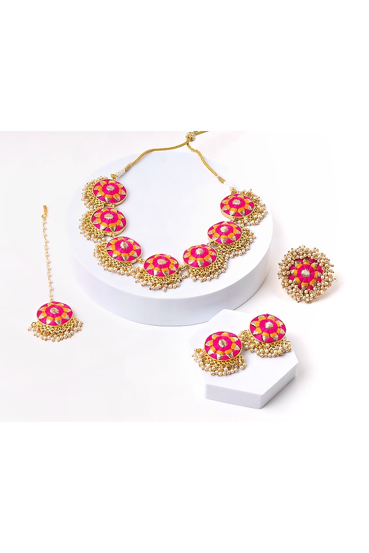 Matte Gold Finish Pink & Mustard Yellow Zari Silk Embroidered Layered Necklace Set by Bauble Bazaar at Pernia's Pop Up Shop