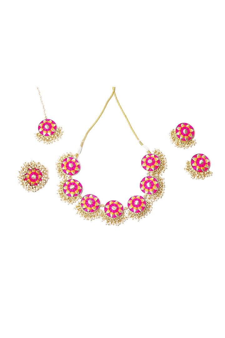 Matte Gold Finish Pink & Mustard Yellow Zari Silk Embroidered Layered Necklace Set by Bauble Bazaar at Pernia's Pop Up Shop