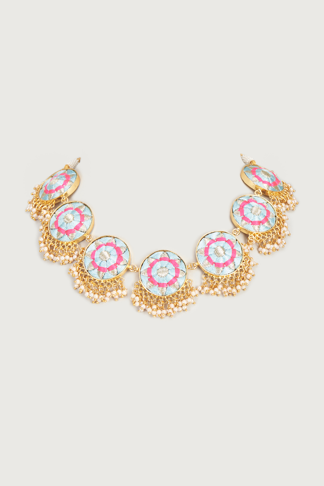 Gold Finish Embroidered Single Layered Circular Necklace by Bauble Bazaar at Pernia's Pop Up Shop
