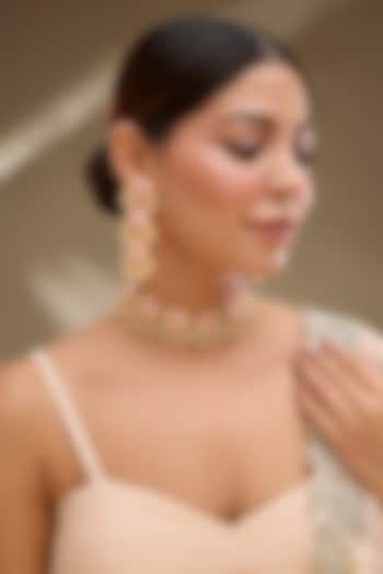 Gold Plated Peach & Hot Pink Silk Thread Embroidered Necklace Set by Bauble Bazaar at Pernia's Pop Up Shop