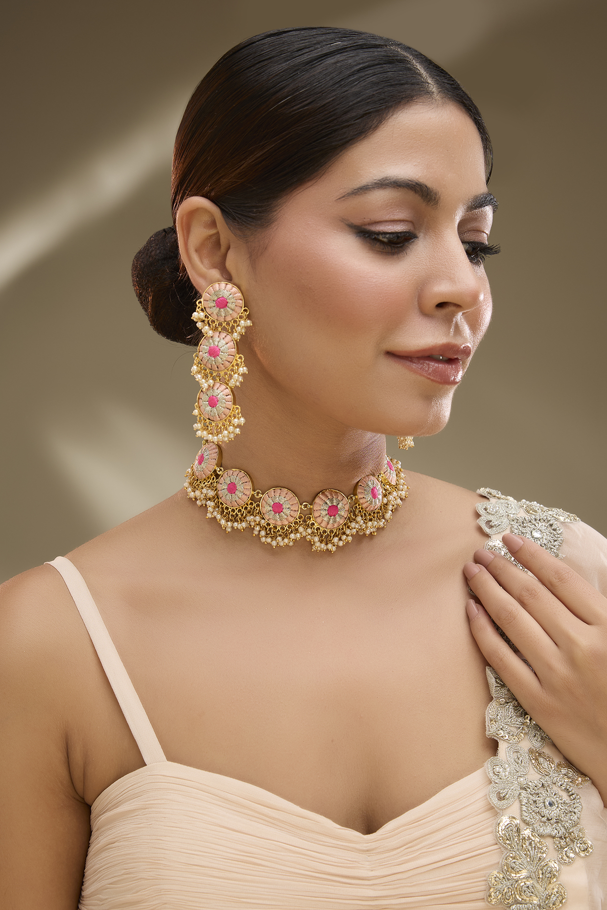 Gold Plated Peach & Hot Pink Silk Thread Embroidered Necklace Set by Bauble Bazaar at Pernia's Pop Up Shop