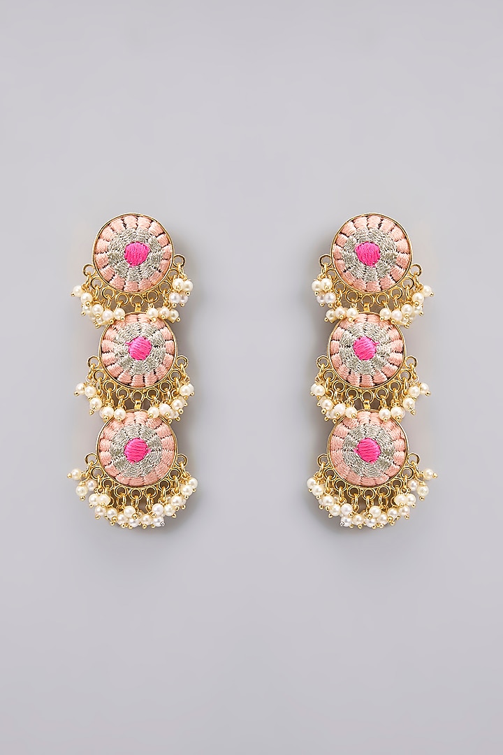 Gold Plated Peach & Hot Pink Silk Thread Embroidered Necklace Set by Bauble Bazaar at Pernia's Pop Up Shop