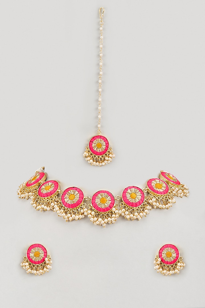 Matte Gold Finish Yellow & Hot Pink Embroidered Necklace Set by Bauble Bazaar at Pernia's Pop Up Shop