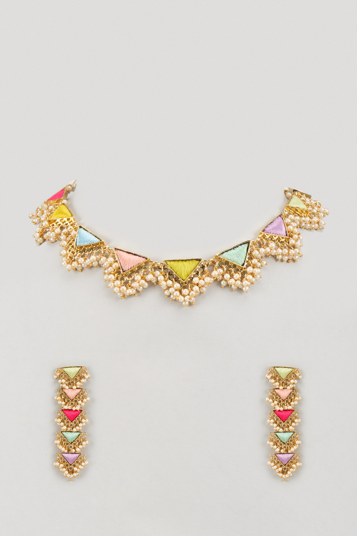 Matte Gold Finish Multi-Colored Embroidered Necklace Set by Bauble Bazaar at Pernia's Pop Up Shop