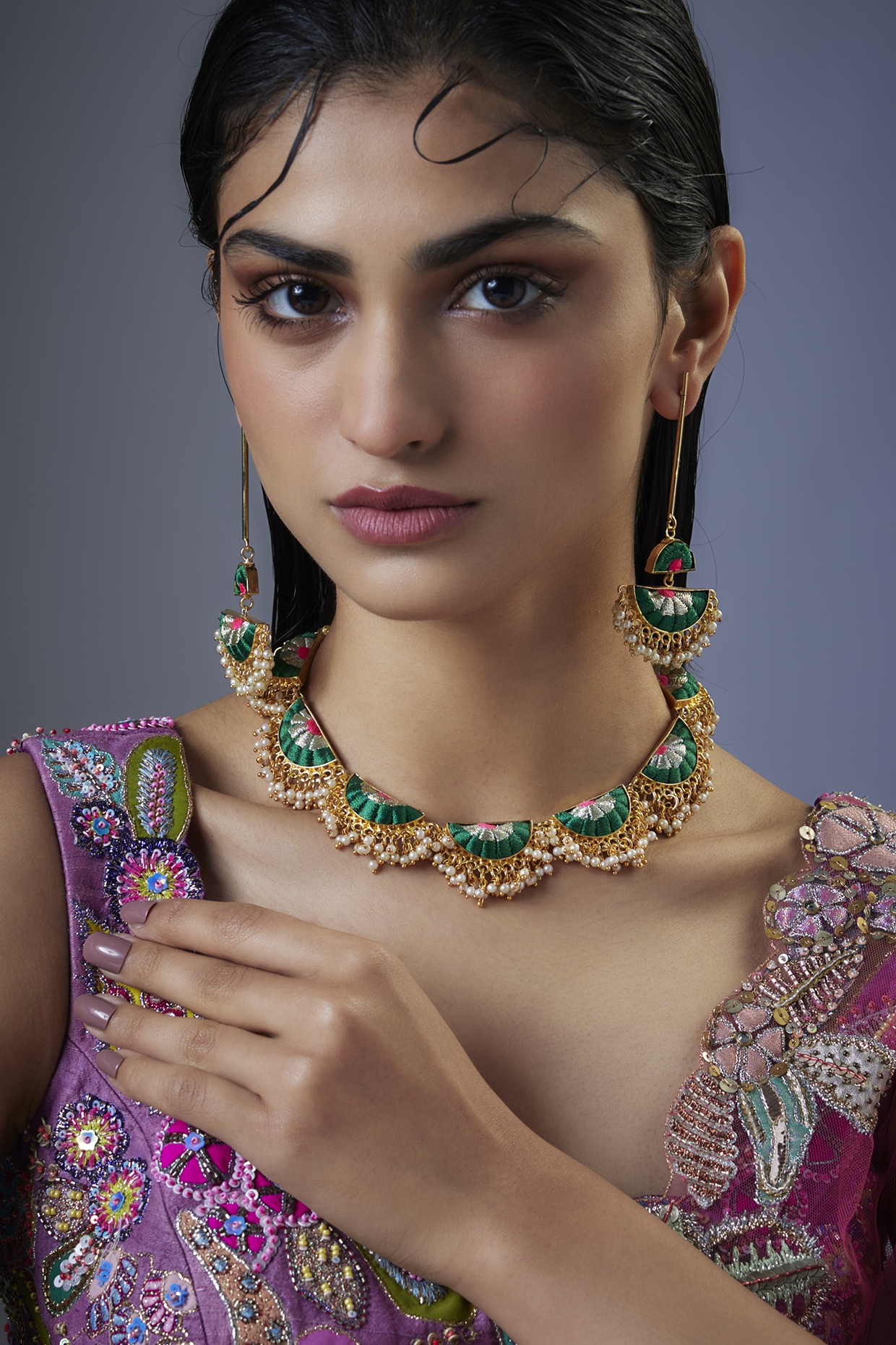 Gold Plated Green Enameled Necklace Set by Bauble Bazaar at Pernia's Pop Up Shop