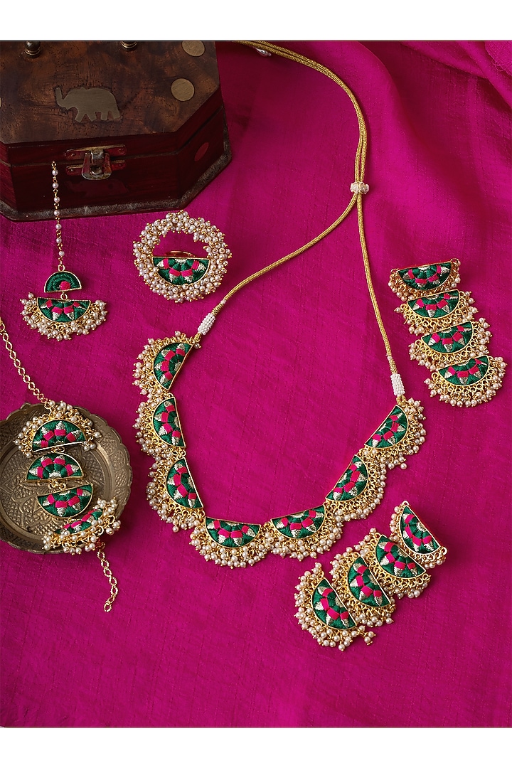 Matte Gold Finish Dark Green & Pink Zari Silk Embroidered Layered Semi-Circular Necklace Set by Bauble Bazaar at Pernia's Pop Up Shop