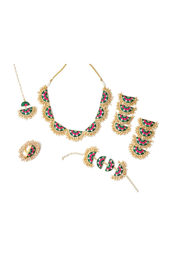 Matte Gold Finish Dark Green & Pink Zari Silk Embroidered Layered Semi-Circular Necklace Set by Bauble Bazaar at Pernia's Pop Up Shop