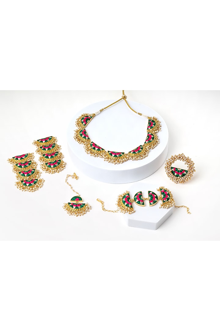 Matte Gold Finish Dark Green & Pink Zari Silk Embroidered Layered Semi-Circular Necklace Set by Bauble Bazaar at Pernia's Pop Up Shop