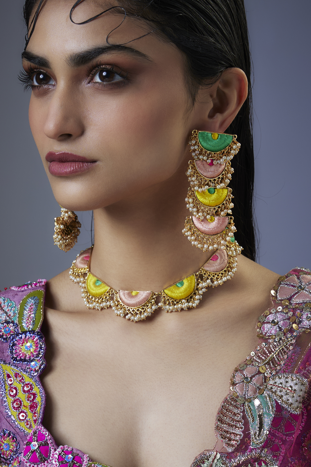 Gold Plated Multi-Colored Enameled Necklace Set by Bauble Bazaar at Pernia's Pop Up Shop