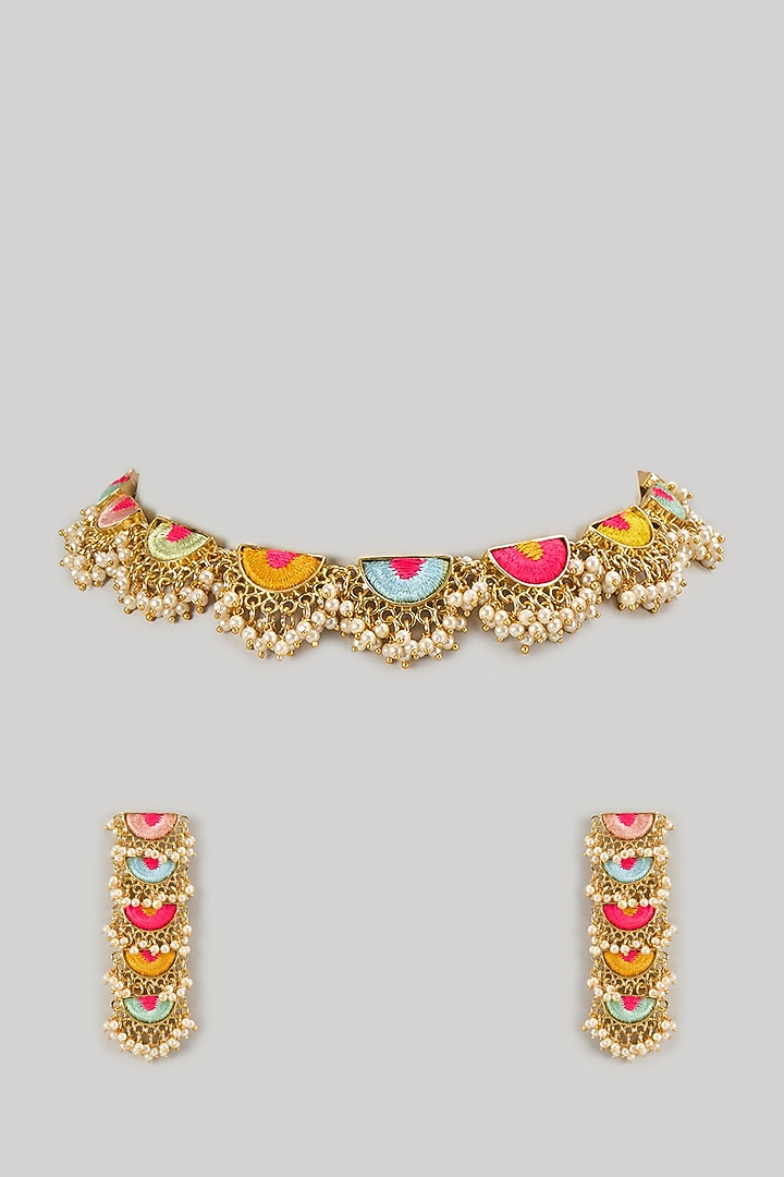 Gold Plated Multi-Colored Enameled & Pearl Necklace Set by Bauble Bazaar at Pernia's Pop Up Shop