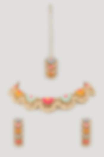 Matte Gold Finish Embroidered Layered Necklace Set by Bauble Bazaar at Pernia's Pop Up Shop
