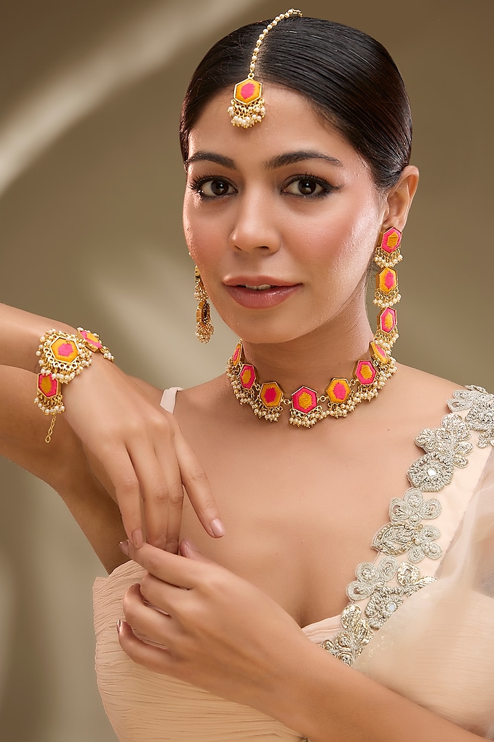Gold Plated Mustard Yellow & Hot Pink Silk Thread Embroidered Necklace Set by Bauble Bazaar at Pernia's Pop Up Shop