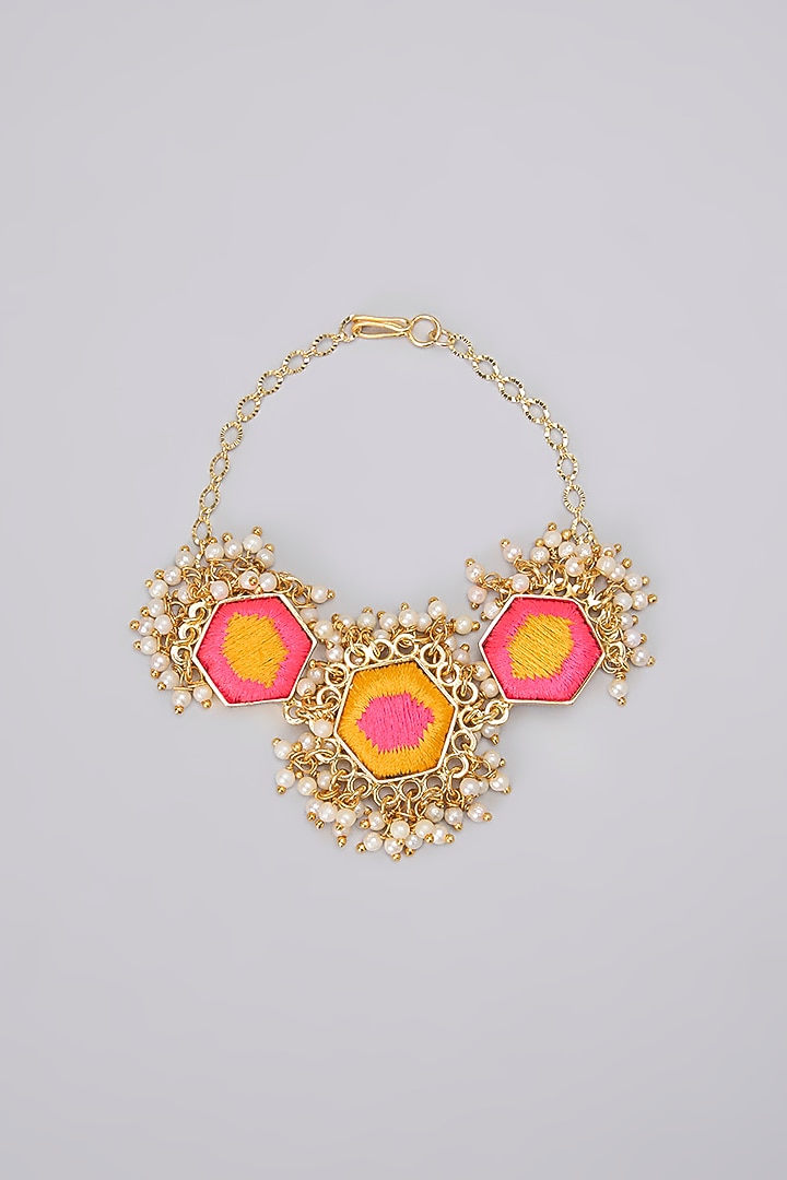 Gold Plated Mustard Yellow & Hot Pink Silk Thread Embroidered Necklace Set by Bauble Bazaar at Pernia's Pop Up Shop